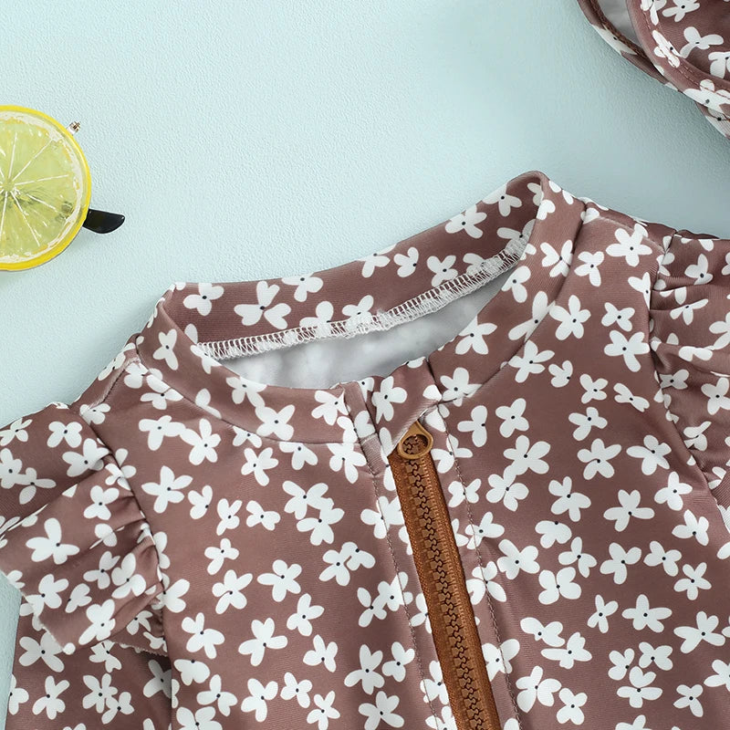 Fashion Newborn Baby Girls Swimwear Vintage Floral Print Zipper Long Sleeve Ruffles Bodysuits Swimsuits with Cap Bathing Suits