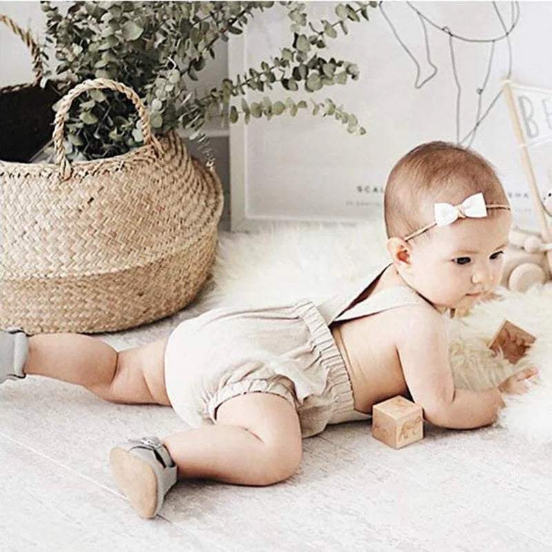 Personalized Baby Cotton Linen Suspender Overalls Solid Color Summer Toddler Sleeveless Rompers Outfit for Boys Girls Jumpsuit