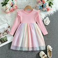 New Baby Girls Dress Kids Clothes Spring Autumn Long-sleeved Cartoon Princess Dress Children Birthday Party Dress Rainbow 2-8Y