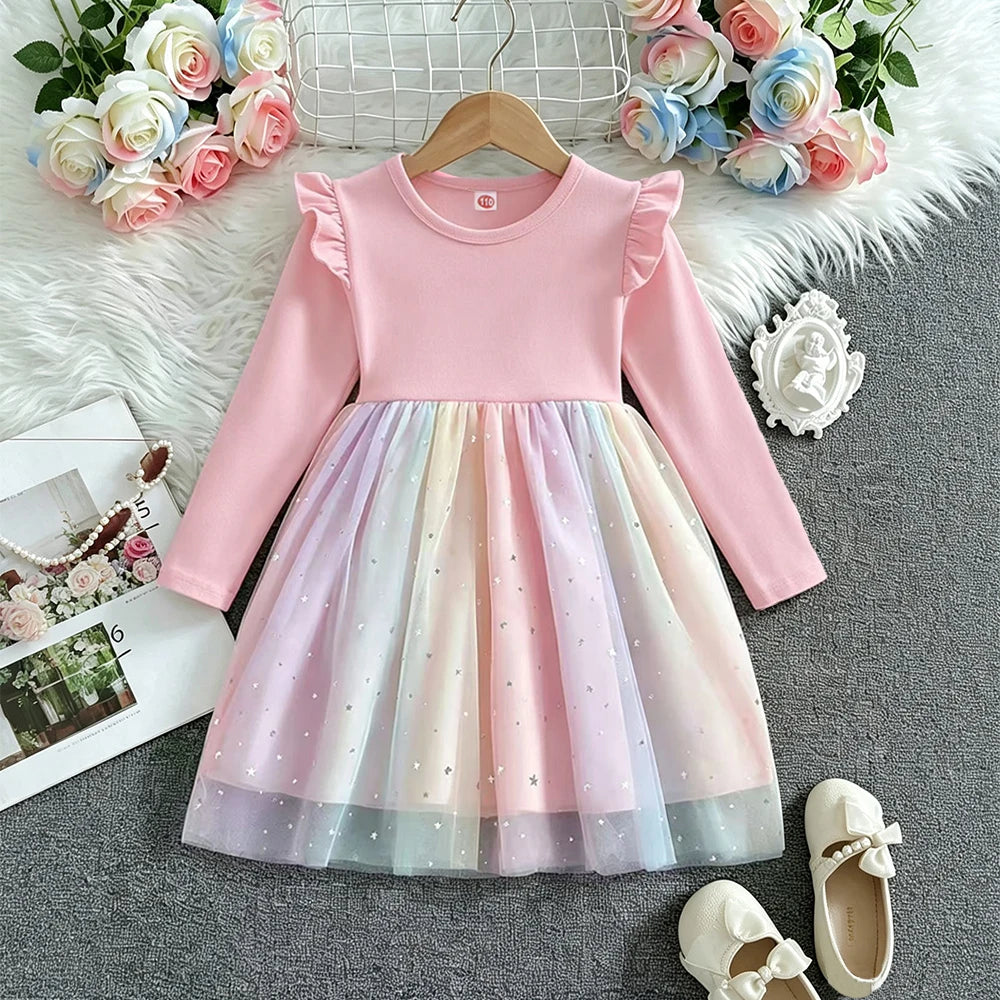 New Baby Girls Dress Kids Clothes Spring Autumn Long-sleeved Cartoon Princess Dress Children Birthday Party Dress Rainbow 2-8Y