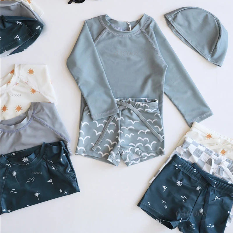 New Summer Kid Boy Swimming Wear 2pcs Blue Seagull Beige Sun Swimsuits+Trunks Hot Spring Sunscreen Holiday Swim Children Clothes