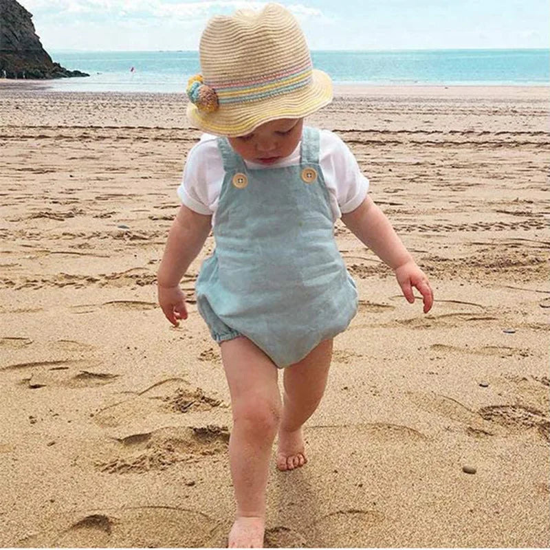 Personalized Baby Cotton Linen Suspender Overalls Solid Color Summer Toddler Sleeveless Rompers Outfit for Boys Girls Jumpsuit