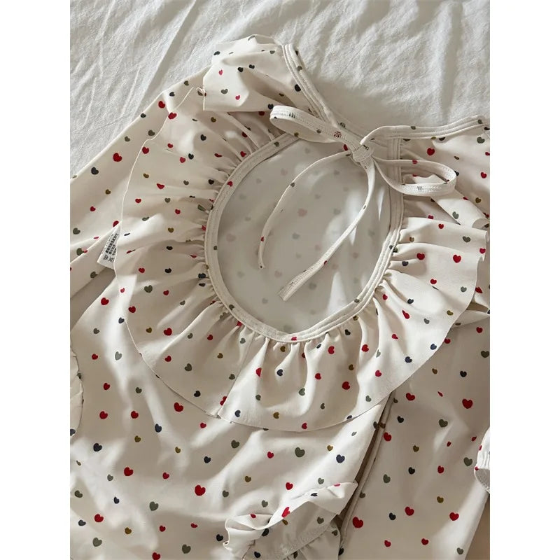 New Summer Girls Korean Style Long Sleeve Fashion Swimsuit Beige Polka Dot Ruffle Collar Backless Bathing Suit  for Beach B4321