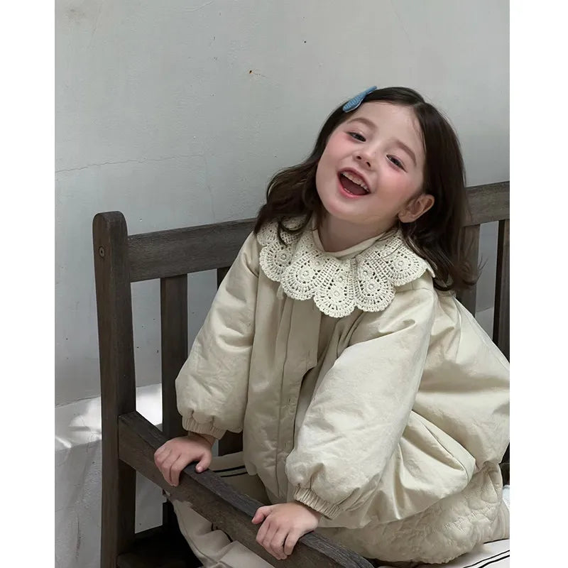 Girls Light Padded Coat 2026 New Fall Winter Korean Style Baby Quilted Beige Jacket Solid Color Elegant Autumn Style