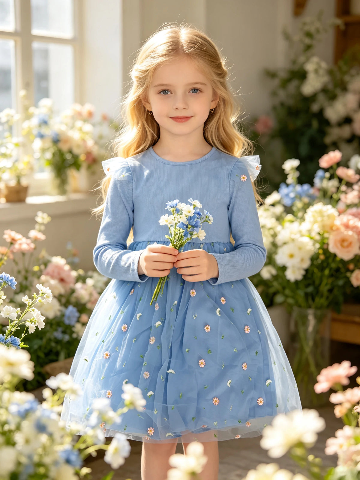 Fresh Floral‑Embroidered Tulle Dress for Kids, Knit Long‑Sleeve Girl’s Sweet Party Gown with Ruffle Flutter Sleeves for Outdoori