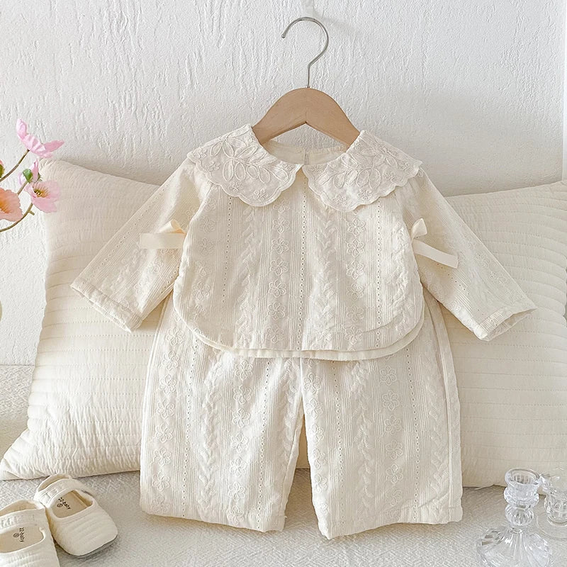 2025 New Autumn 0-4Yrs Toddler Baby Girl Clothes Suit Long Sleeved Cotton Embroidered Shirt+Pants Newborn Baby Clothing Set