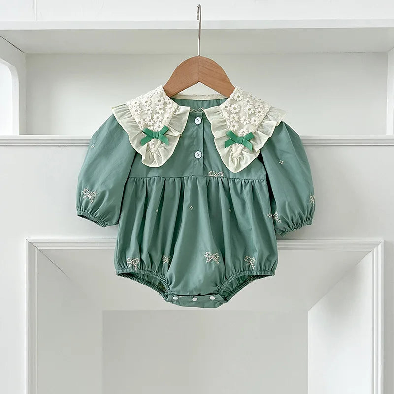 Newborn Baby Girl Romper Lace Bow Ribbon Ruffle Jumpsuit Cotton Infant Toddler Floral Onesie Spring Embroidery Baby Clothes