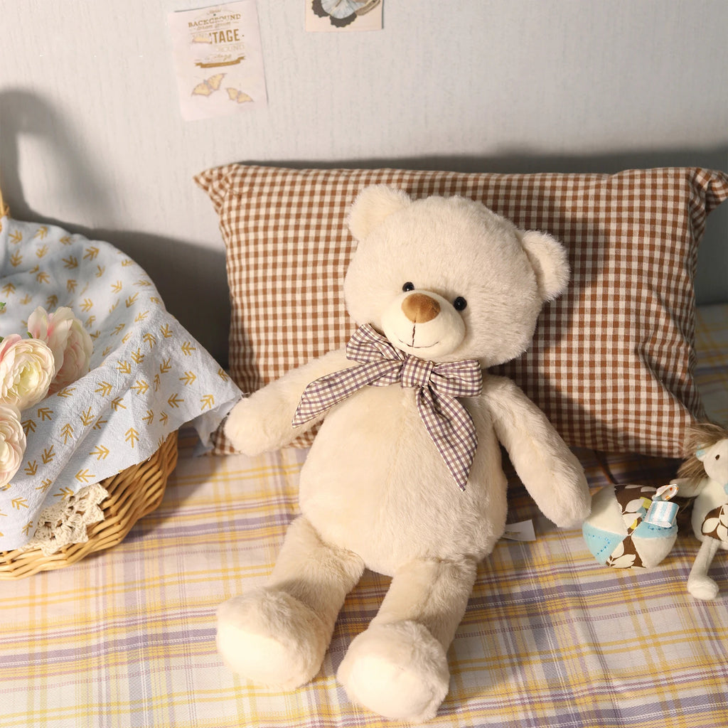 Classic Cream Teddy Bear Plush Toy with Plaid Bow Tie Soft Stuffed Animal Doll Cute Bear Plushie for Kids Birthday Gift Home