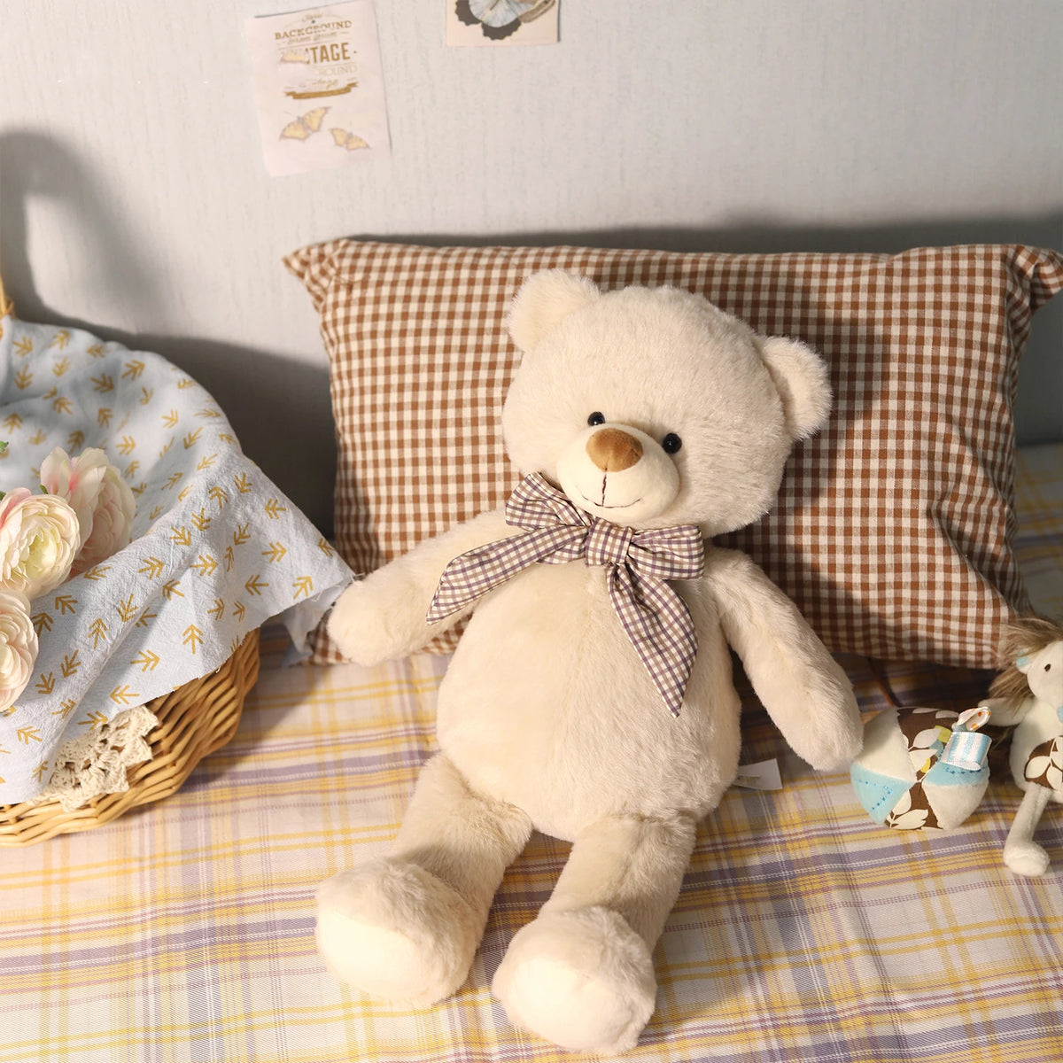 Classic Cream Teddy Bear Plush Toy with Plaid Bow Tie Soft Stuffed Animal Doll Cute Bear Plushie for Kids Birthday Gift Home