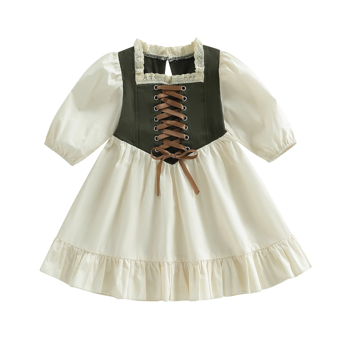1-6T Toddler Little Girl Corset Front Tie Dress Lantern Long Sleeve Lace Ruffle Princess Dresses Vintage Clothes Outfit