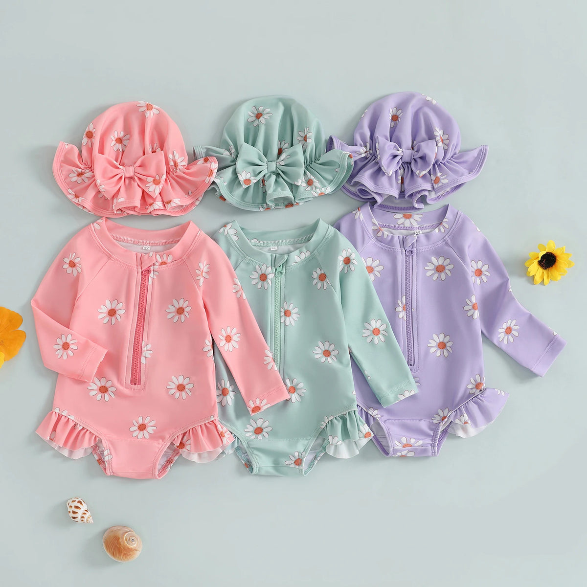 Fashion Newborn Baby Girls Swimwear Vintage Floral Print Zipper Long Sleeve Ruffles Bodysuits Swimsuits with Cap Bathing Suits