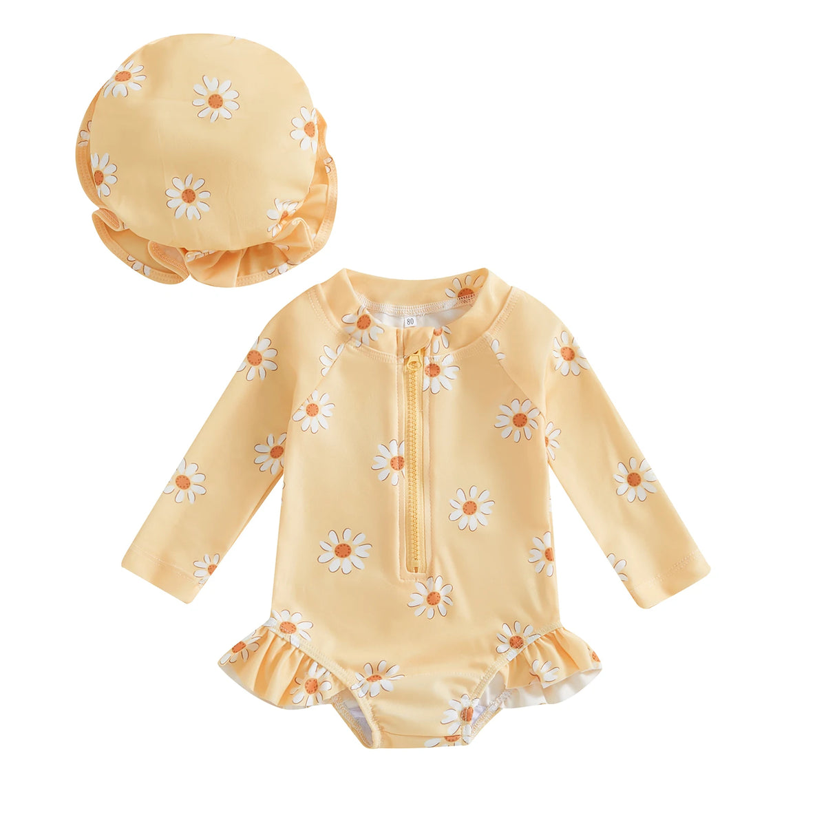 Fashion Newborn Baby Girls Swimwear Vintage Floral Print Zipper Long Sleeve Ruffles Bodysuits Swimsuits with Cap Bathing Suits