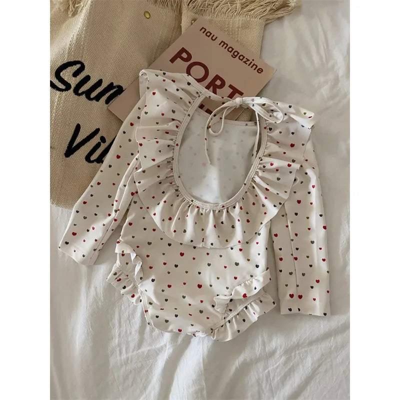 New Summer Girls Korean Style Long Sleeve Fashion Swimsuit Beige Polka Dot Ruffle Collar Backless Bathing Suit  for Beach B4321