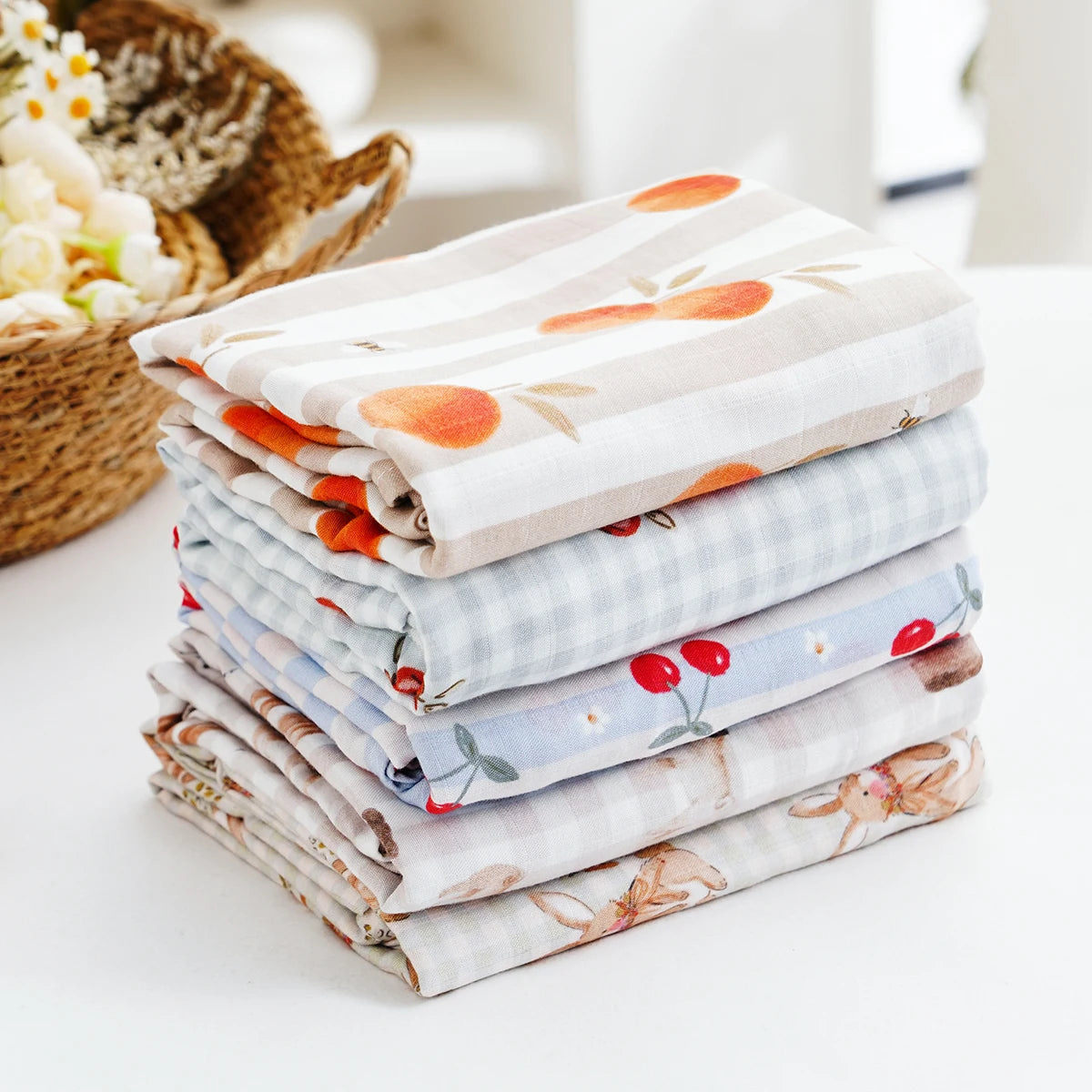 Kangobaby Muslim Baby Gauze Blanket - Soft and Breathable Cotton Baby Swaddle (White/Beige/Pink) 110*120cm