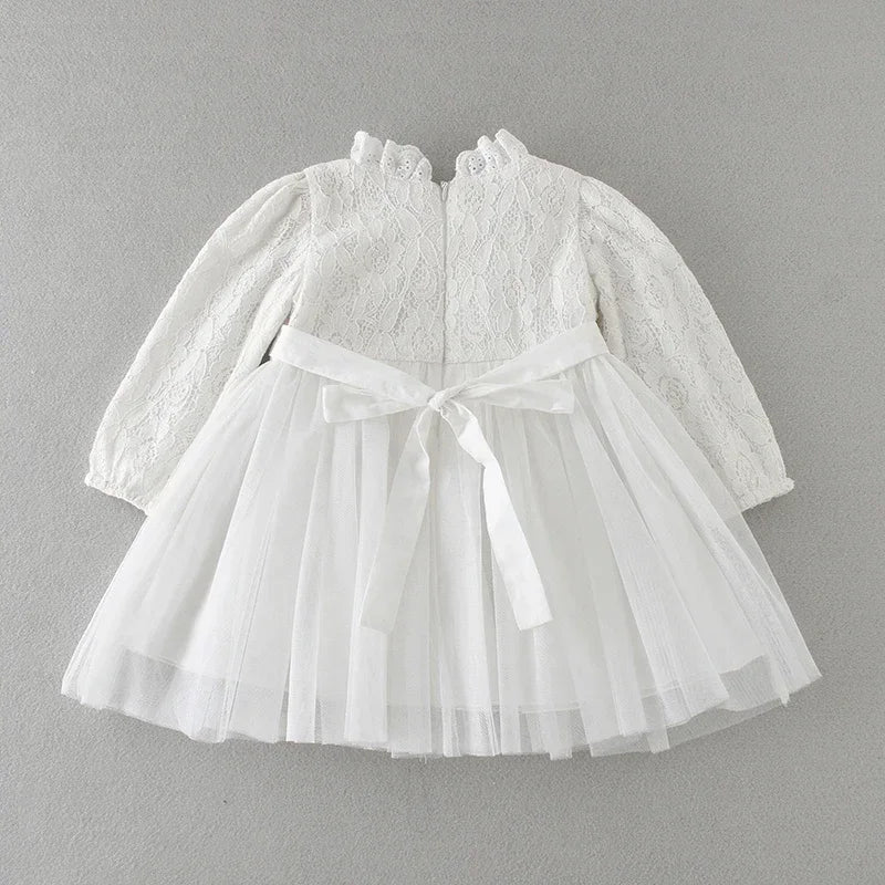 HAPPYPLUS Ivory Baby Girls Long Sleeve Christening Dress Classic Lace Embroidered Baby Baptism Dresses Tulle Blessing Gowns