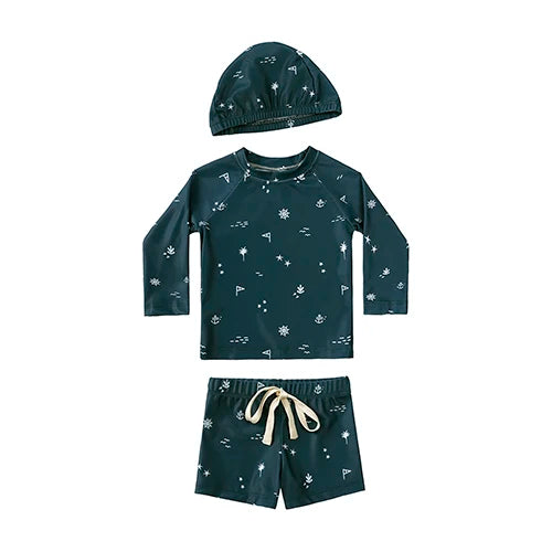 New Summer Kid Boy Swimming Wear 2pcs Blue Seagull Beige Sun Swimsuits+Trunks Hot Spring Sunscreen Holiday Swim Children Clothes
