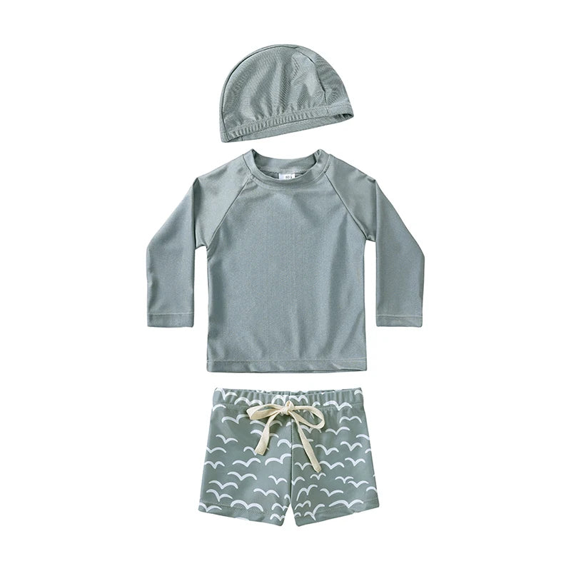 New Summer Kid Boy Swimming Wear 2pcs Blue Seagull Beige Sun Swimsuits+Trunks Hot Spring Sunscreen Holiday Swim Children Clothes