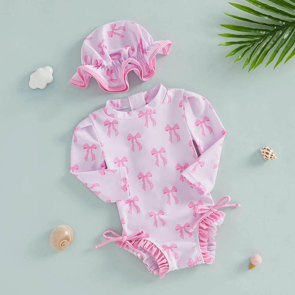 Toddler Kids Baby Girls Summer Rash Guard Swimsuits Long Sleeve Flower/Bow Print Ruffles Swimwear with Hats Bathing Suits
