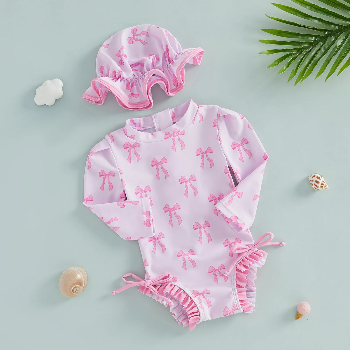 Toddler Kids Baby Girls Summer Rash Guard Swimsuits Long Sleeve Flower/Bow Print Ruffles Swimwear with Hats Bathing Suits