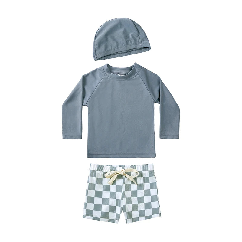New Summer Kid Boy Swimming Wear 2pcs Blue Seagull Beige Sun Swimsuits+Trunks Hot Spring Sunscreen Holiday Swim Children Clothes