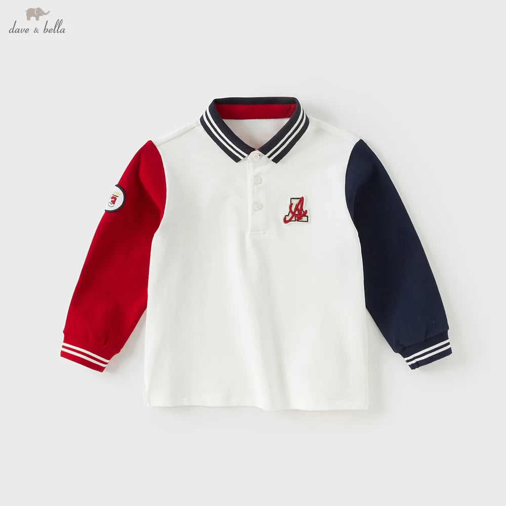 Dave Bella Boys' Spring Autumn Polo T-shirt Casual Long Sleeve Beige Cotton T-shirt Kids Boy Outdoor Polo Shirt Top DB3253497