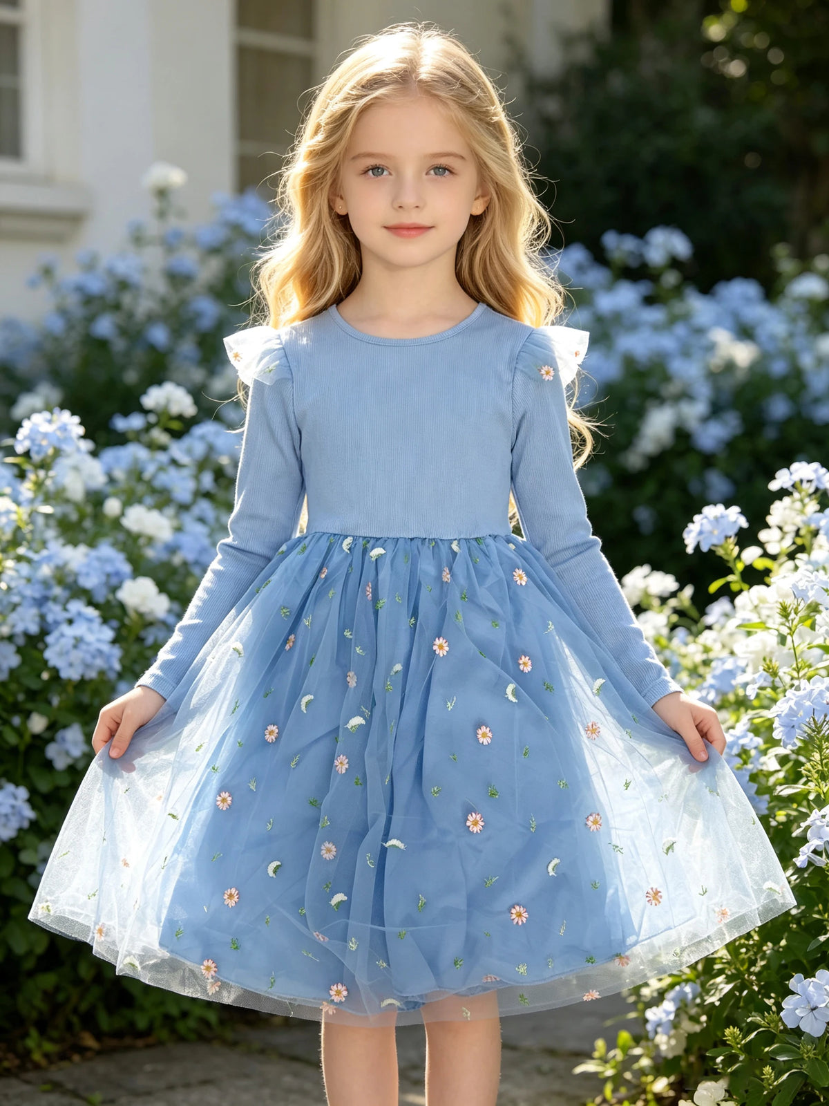 Fresh Floral‑Embroidered Tulle Dress for Kids, Knit Long‑Sleeve Girl’s Sweet Party Gown with Ruffle Flutter Sleeves for Outdoori