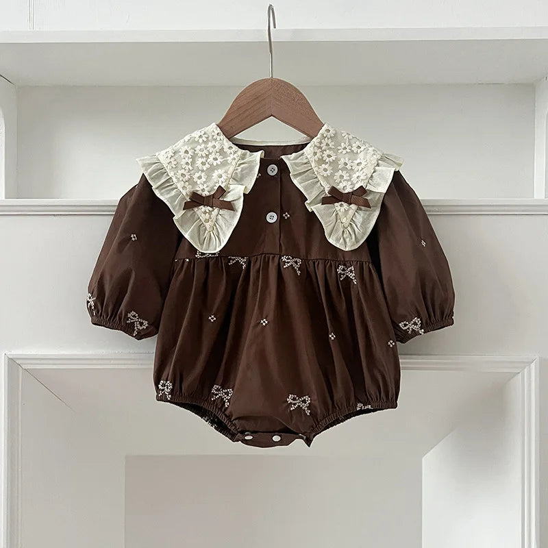 Newborn Baby Girl Romper Lace Bow Ribbon Ruffle Jumpsuit Cotton Infant Toddler Floral Onesie Spring Embroidery Baby Clothes