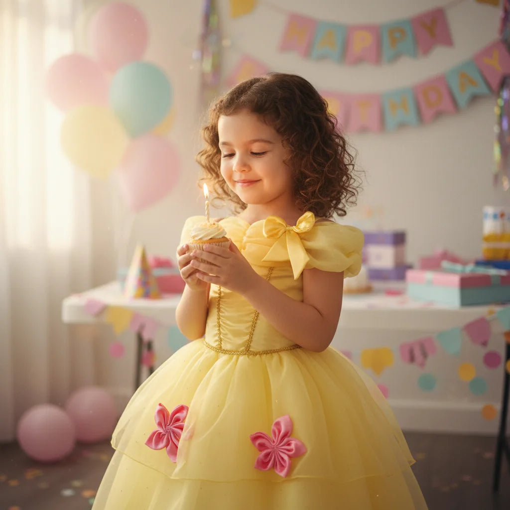Skin-Friendly Soft Tulle Dress with Gold Embroidery Pink Flowers Girls' Princess Costume for Special Occasions