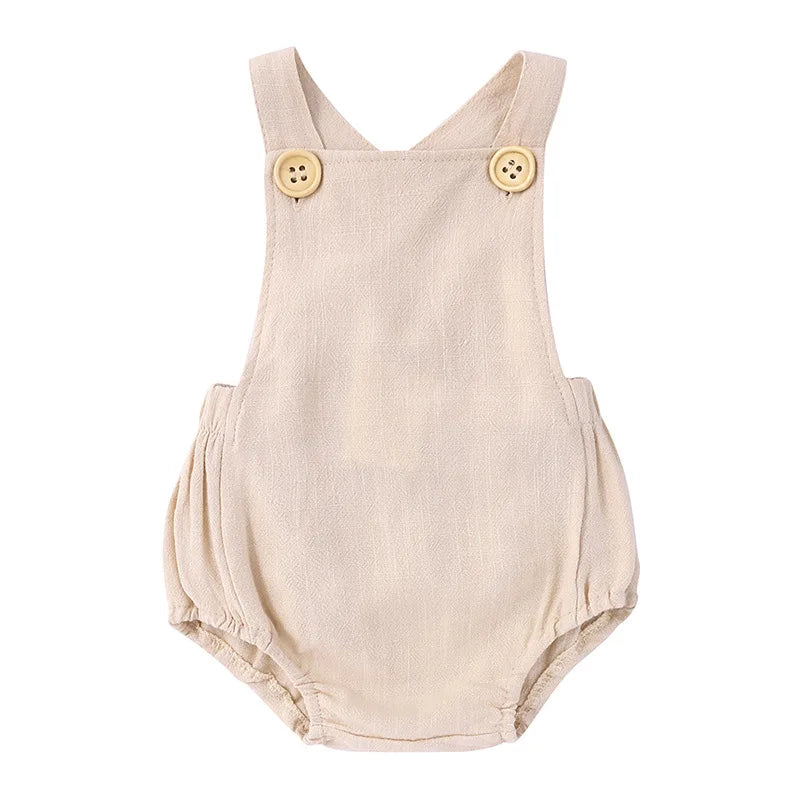 Personalized Baby Cotton Linen Suspender Overalls Solid Color Summer Toddler Sleeveless Rompers Outfit for Boys Girls Jumpsuit