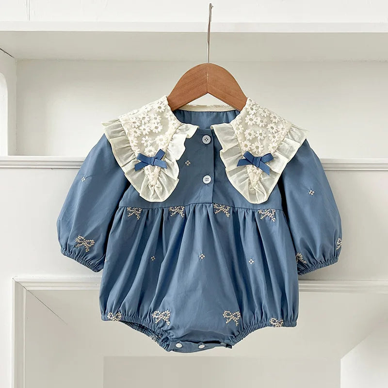 Newborn Baby Girl Romper Lace Bow Ribbon Ruffle Jumpsuit Cotton Infant Toddler Floral Onesie Spring Embroidery Baby Clothes