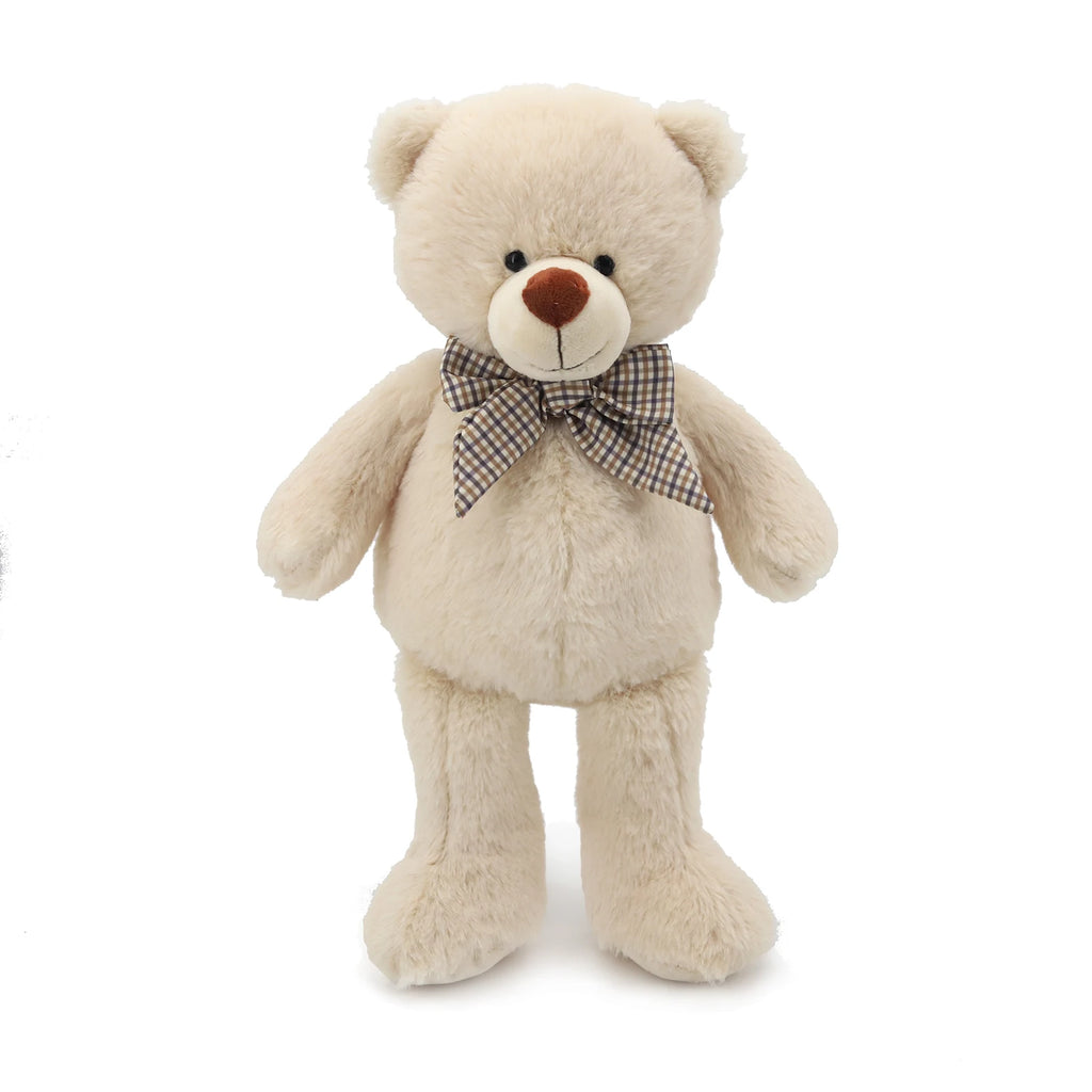 Classic Cream Teddy Bear Plush Toy with Plaid Bow Tie Soft Stuffed Animal Doll Cute Bear Plushie for Kids Birthday Gift Home