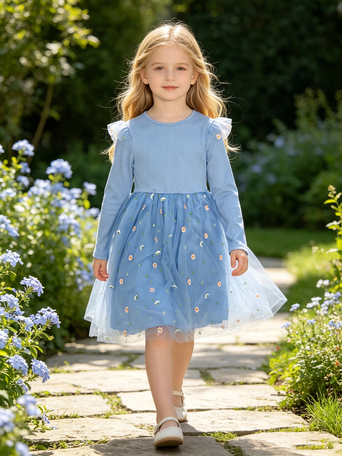 Fresh Floral‑Embroidered Tulle Dress for Kids, Knit Long‑Sleeve Girl’s Sweet Party Gown with Ruffle Flutter Sleeves for Outdoori