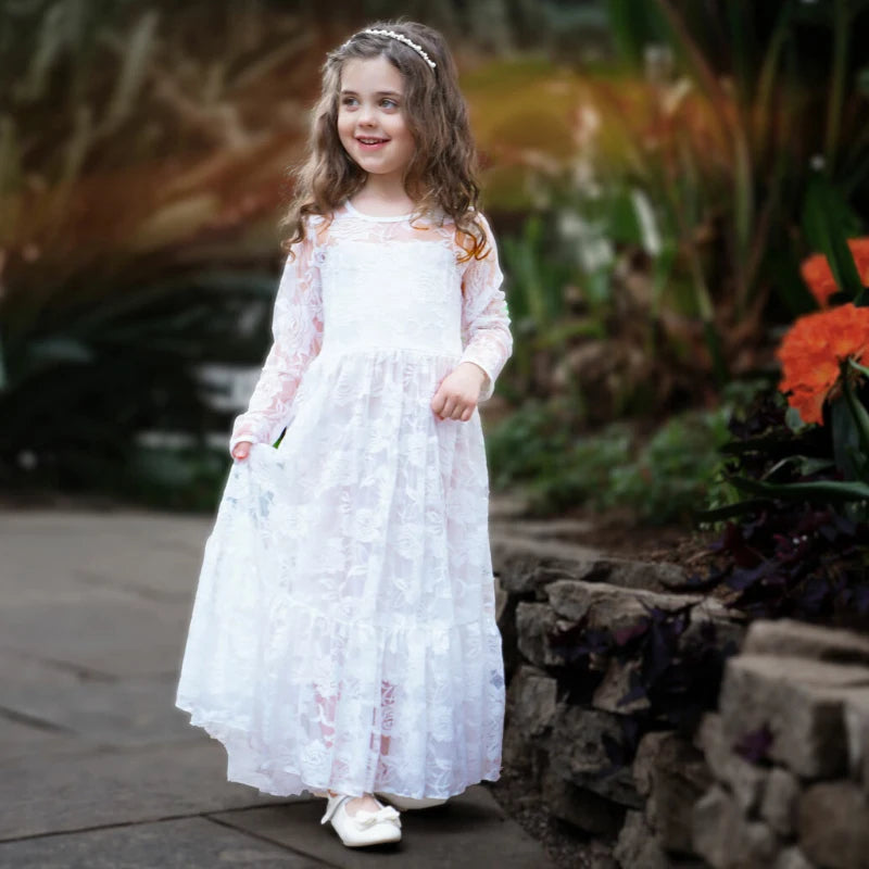 Flower Girl Dresses Weddings Little Kids Ivory Lace Dress Baptism White Ceremony Christening Frock Child Party Communion Clothes