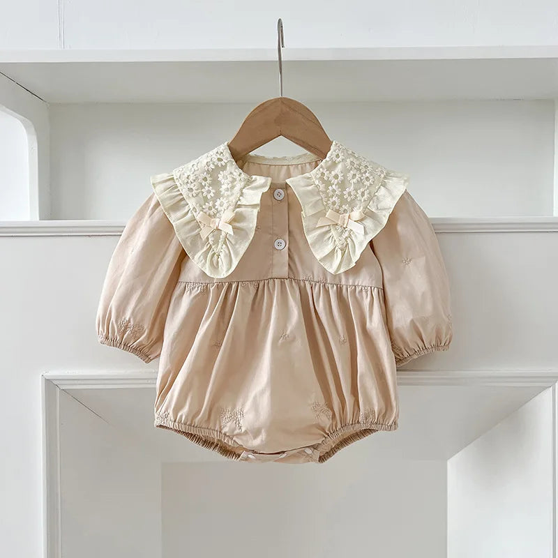 Newborn Baby Girl Romper Lace Bow Ribbon Ruffle Jumpsuit Cotton Infant Toddler Floral Onesie Spring Embroidery Baby Clothes