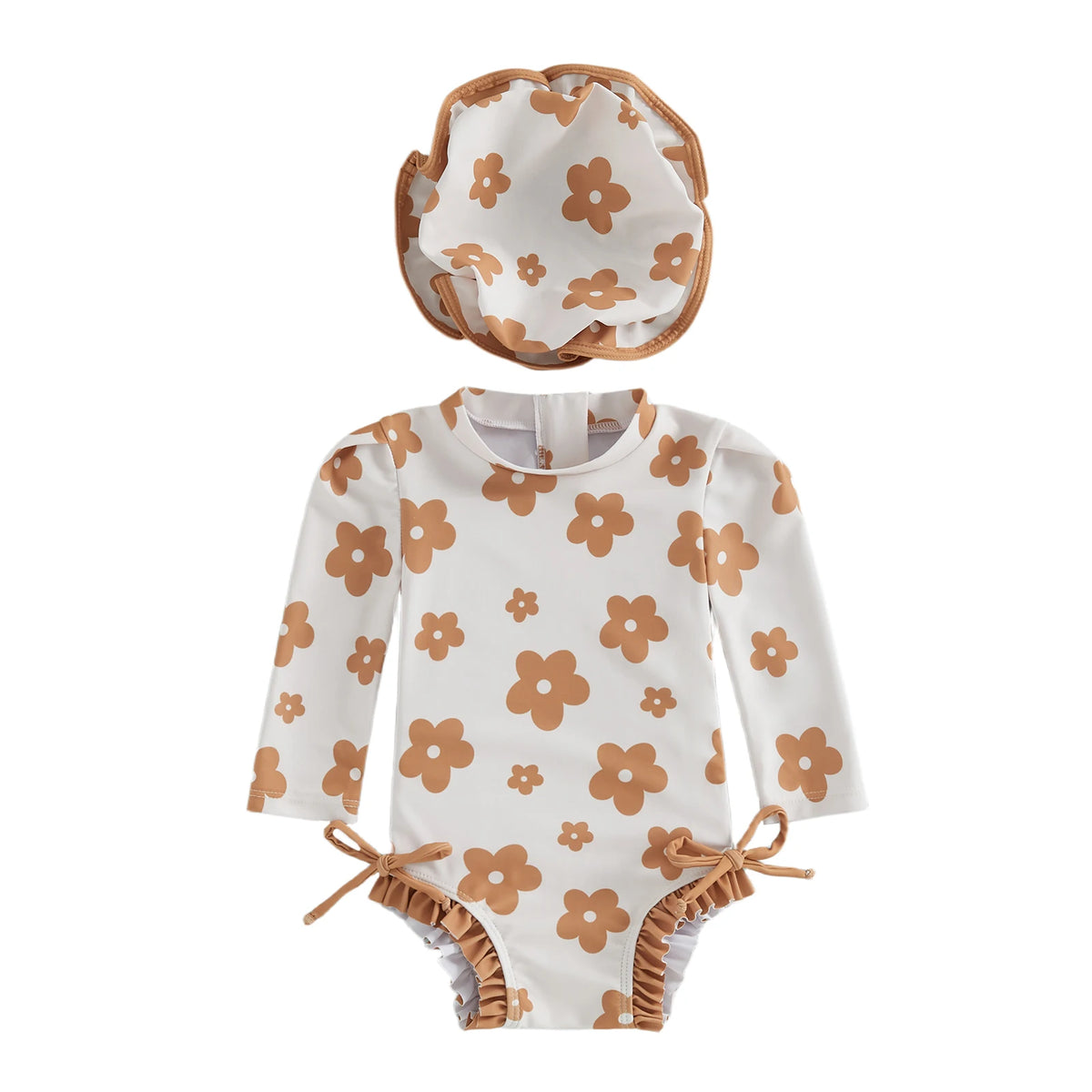 Toddler Kids Baby Girls Summer Rash Guard Swimsuits Long Sleeve Flower/Bow Print Ruffles Swimwear with Hats Bathing Suits