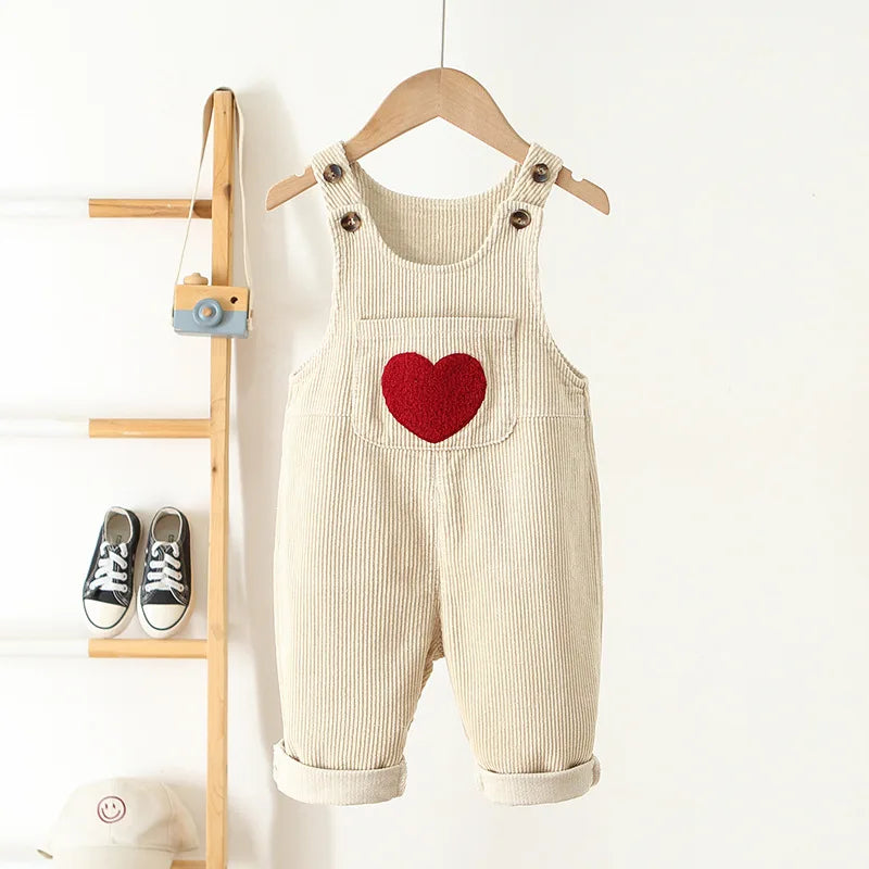 Kids Baby Autumn Clothes Spring  Heart Embroidery Baby Boys Girls Bib Pants Solid Overalls Corduroy Casual Suspender Outwear