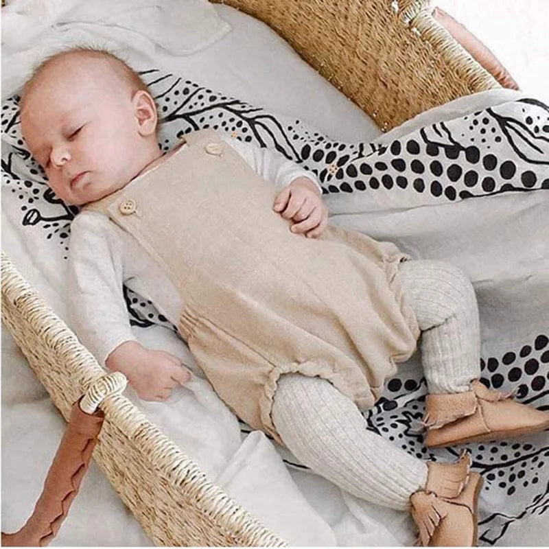 Personalized Baby Cotton Linen Suspender Overalls Solid Color Summer Toddler Sleeveless Rompers Outfit for Boys Girls Jumpsuit