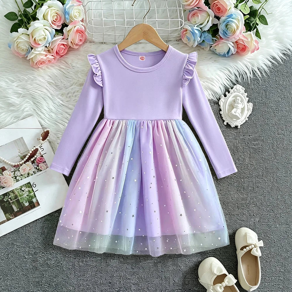 New Baby Girls Dress Kids Clothes Spring Autumn Long-sleeved Cartoon Princess Dress Children Birthday Party Dress Rainbow 2-8Y
