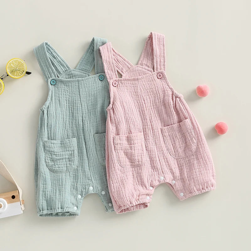 Baby Boys Girls Summer Rompers Clothes Toddler Cotton Linen Button Sleeveless Suspenders Rompers Jumpsuits Playsuits Overalls