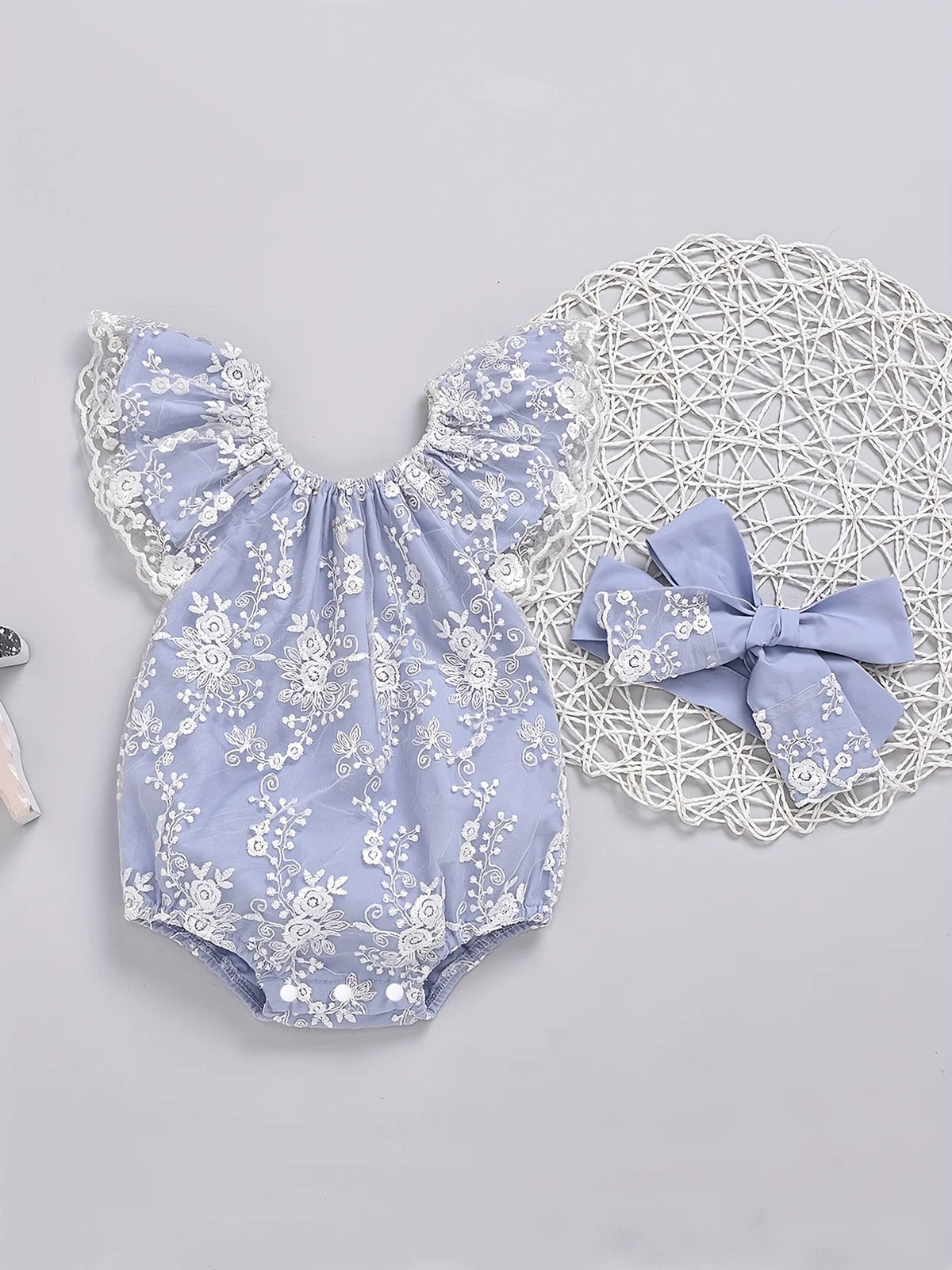 Baby Girl Summer Vintage Lace Embroidered Romper Mint Green Tulle Sleeve Harvey + Matching Large Bow Hairband Set
