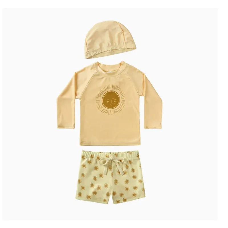 New Summer Kid Boy Swimming Wear 2pcs Blue Seagull Beige Sun Swimsuits+Trunks Hot Spring Sunscreen Holiday Swim Children Clothes