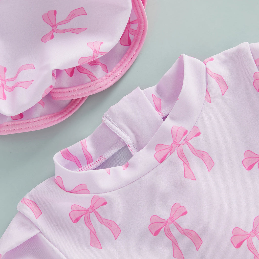 Toddler Kids Baby Girls Summer Rash Guard Swimsuits Long Sleeve Flower/Bow Print Ruffles Swimwear with Hats Bathing Suits