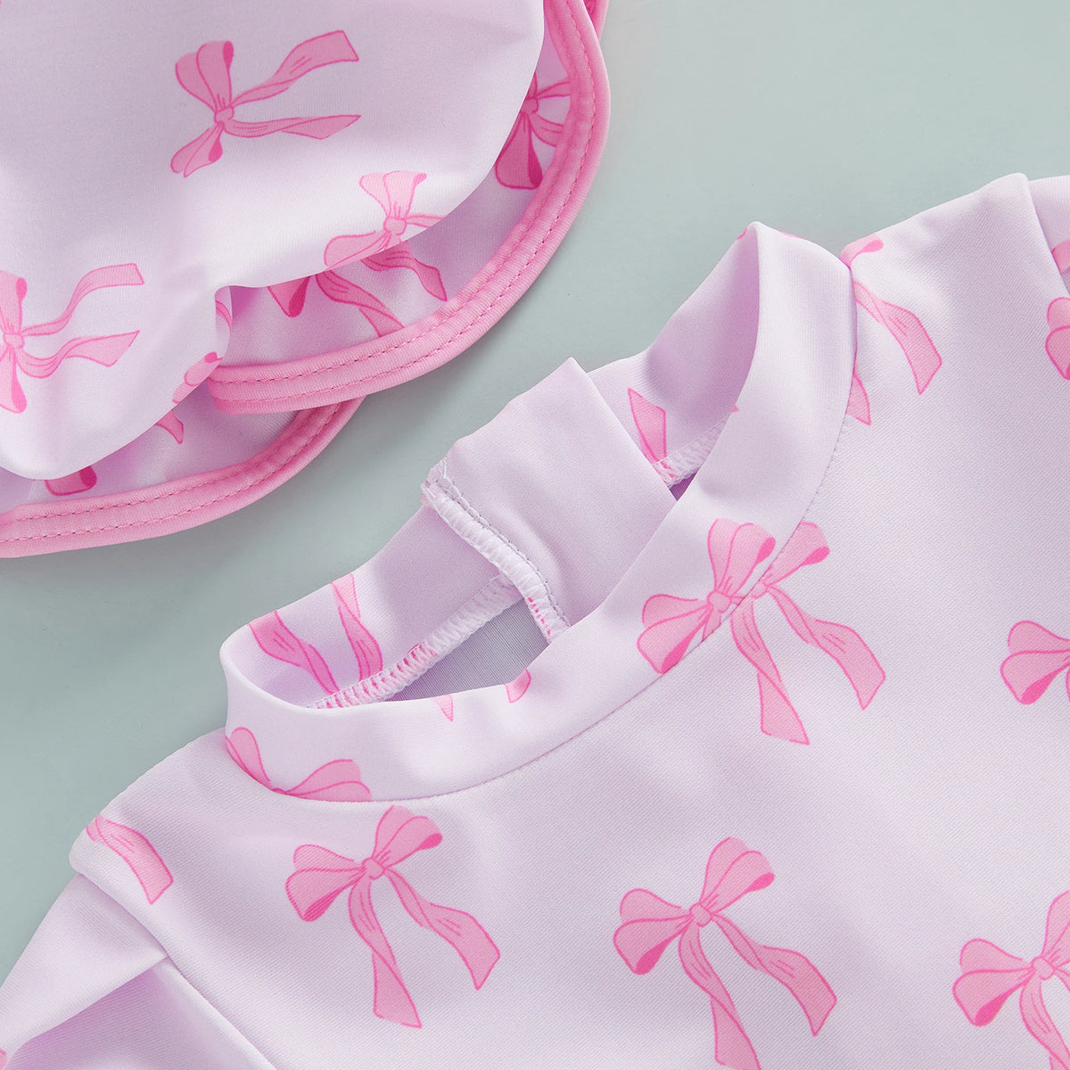 Toddler Kids Baby Girls Summer Rash Guard Swimsuits Long Sleeve Flower/Bow Print Ruffles Swimwear with Hats Bathing Suits