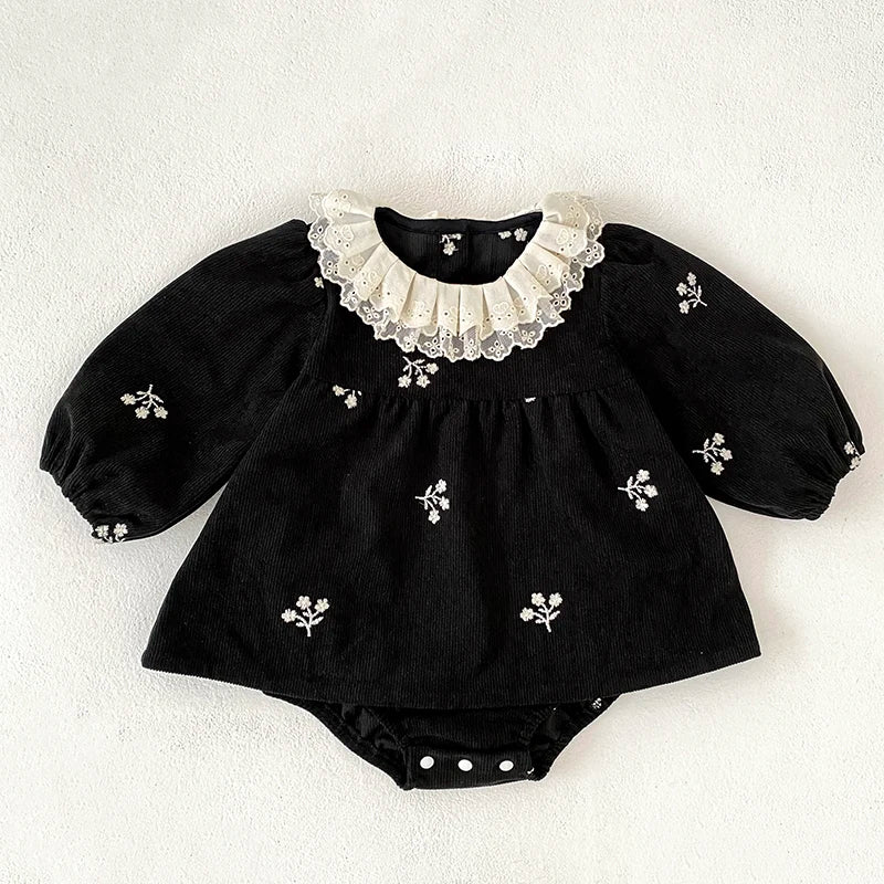 2026 Baby Girl Corduroy Romper 0-24M Long Sleeve Lace Ruffle Collar Floral Embroidery Bodysuit Autumn Infant Princess Romper