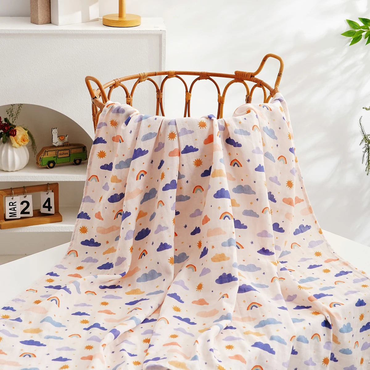 Kangobaby Muslim Baby Gauze Blanket - Soft and Breathable Cotton Baby Swaddle (White/Beige/Pink) 110*120cm