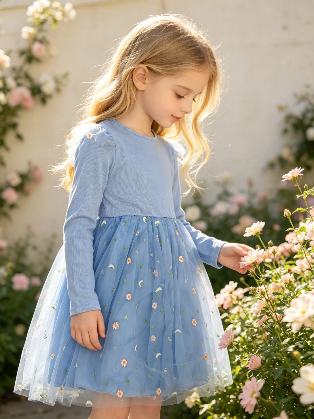 Fresh Floral‑Embroidered Tulle Dress for Kids, Knit Long‑Sleeve Girl’s Sweet Party Gown with Ruffle Flutter Sleeves for Outdoori
