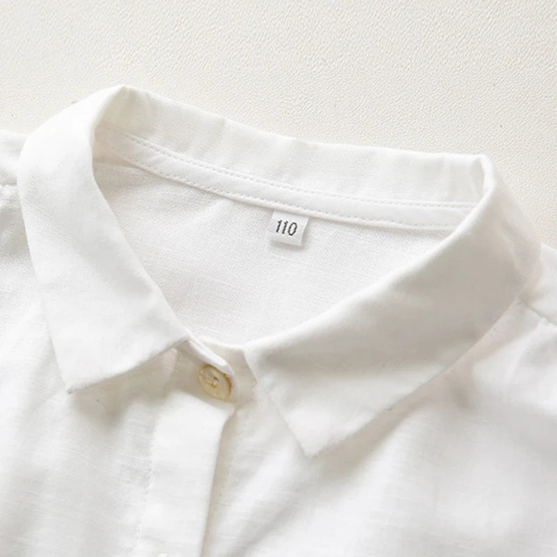 Boy's Cotton And Linen Buttons White Shirt Autumn New Children Casual Lapel Collar Long-Sleeved Shirts Cardigan Girls Blouse