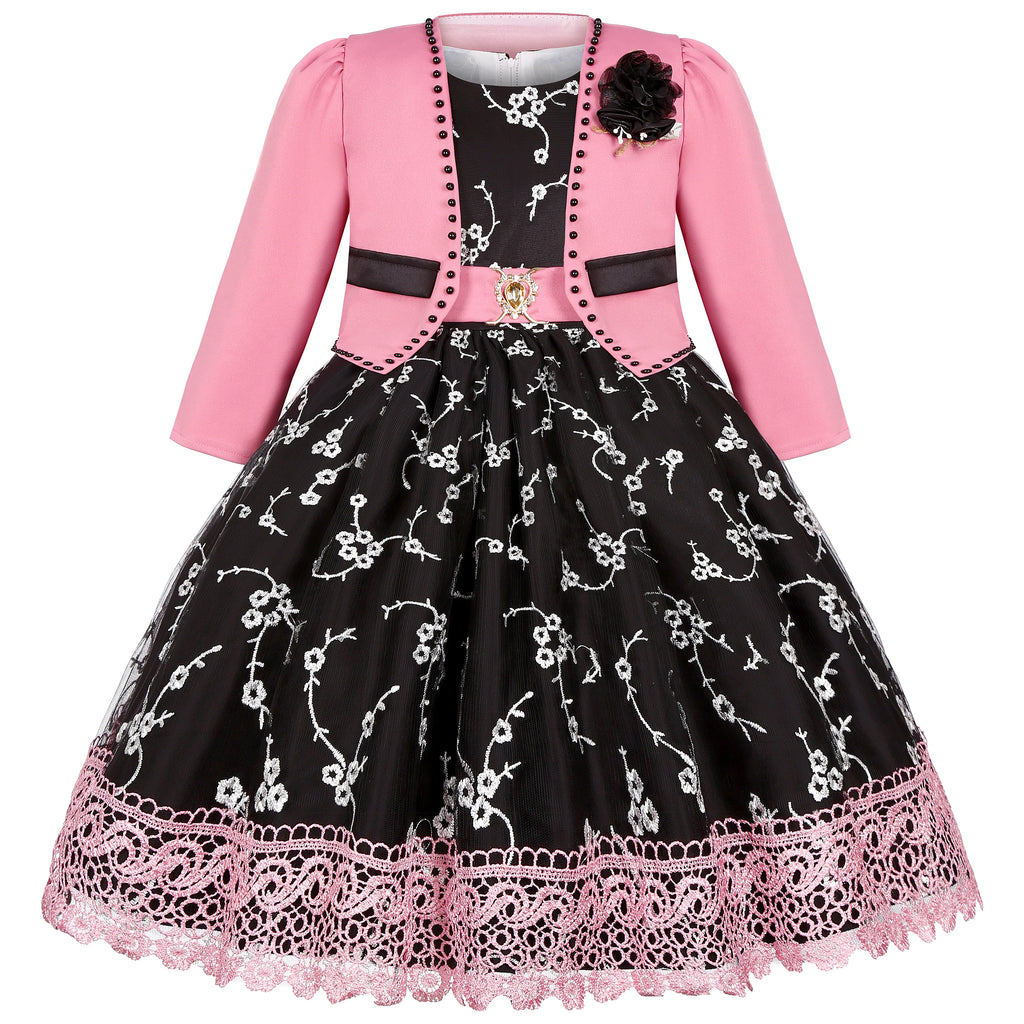 Girls' Lace Embroidered Dress for Princesses, Net-Sheer Suit Dress, Little Girl's Runway Evening Gown, Corsage and Shawl Set