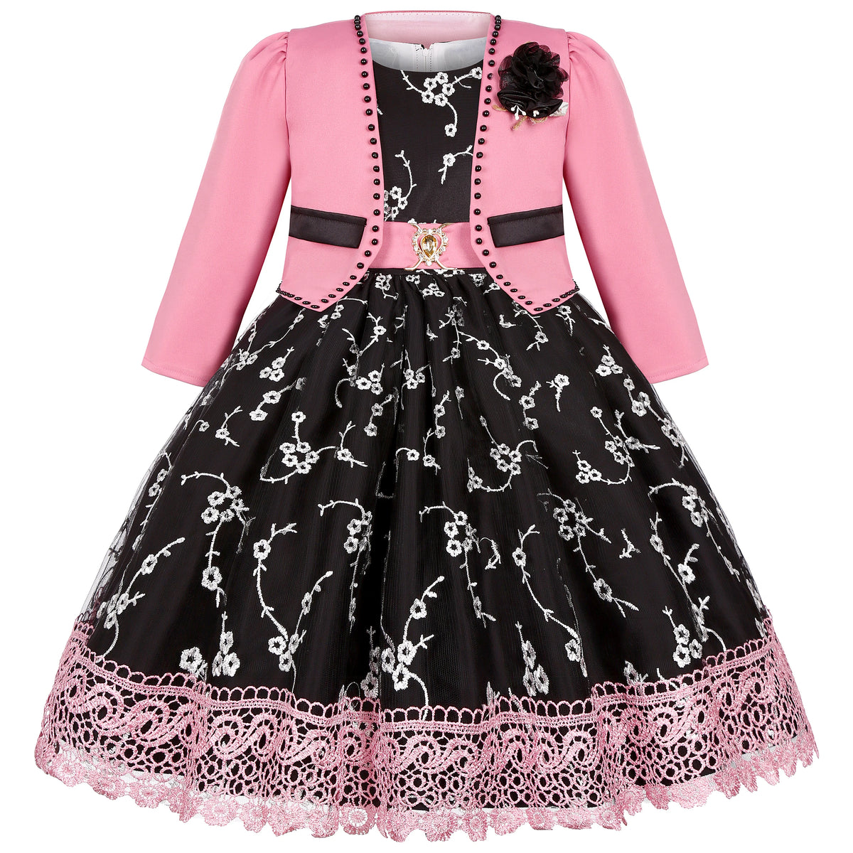 Girls' Lace Embroidered Dress for Princesses, Net-Sheer Suit Dress, Little Girl's Runway Evening Gown, Corsage and Shawl Set