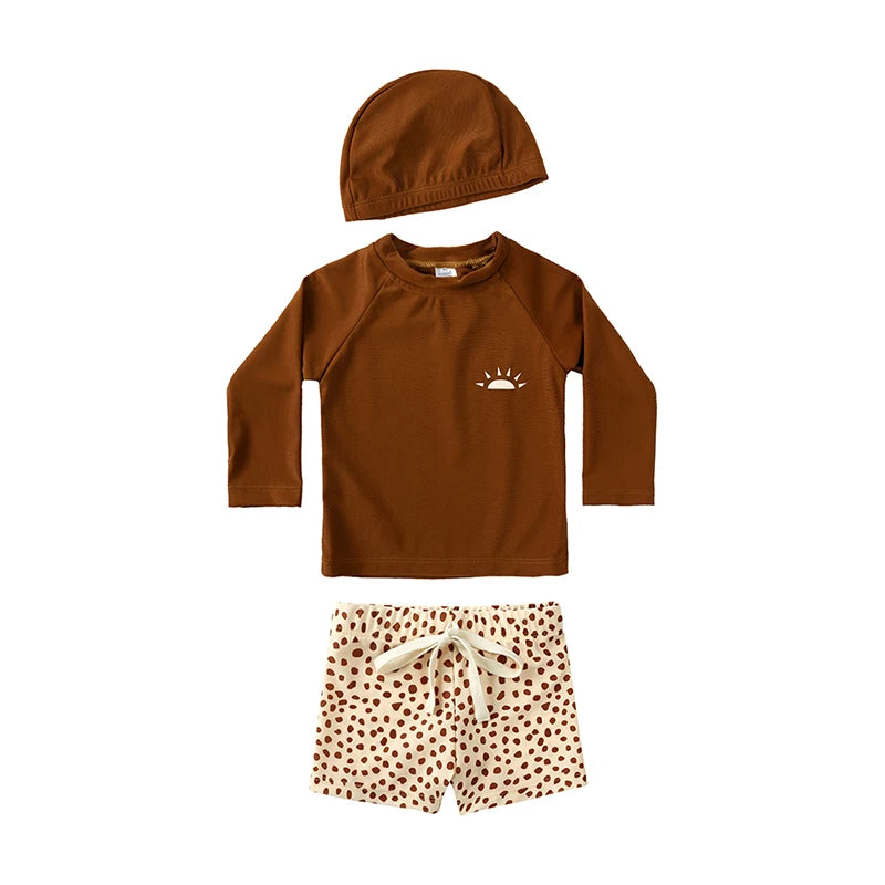 New Summer Kid Boy Swimming Wear 2pcs Blue Seagull Beige Sun Swimsuits+Trunks Hot Spring Sunscreen Holiday Swim Children Clothes